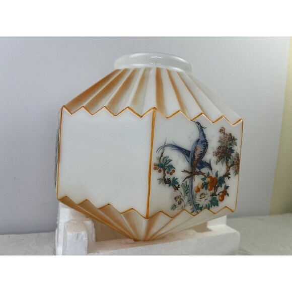 Vtg 30s Accordion Octagonal Frosted Orange‎ Birds Paradise Glass Swag Lamp Shade - Picture 5 of 16